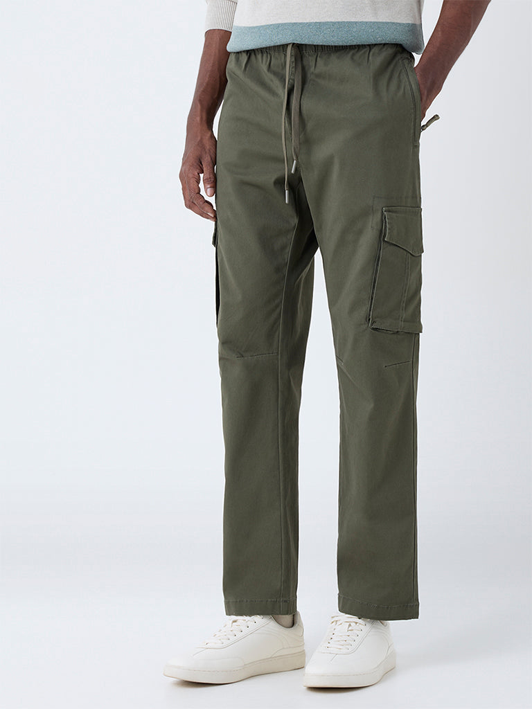 WES Casuals Olive Relaxed-Fit Mid-Rise Cotton-Blend Pants