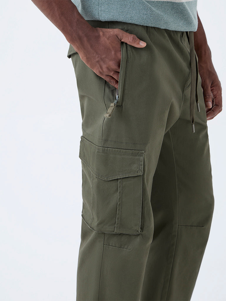 WES Casuals Olive Relaxed-Fit Mid-Rise Cotton-Blend Pants