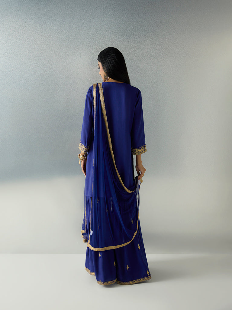 Vark Dark Blue Sequin Embellished Straight Ethnic Set