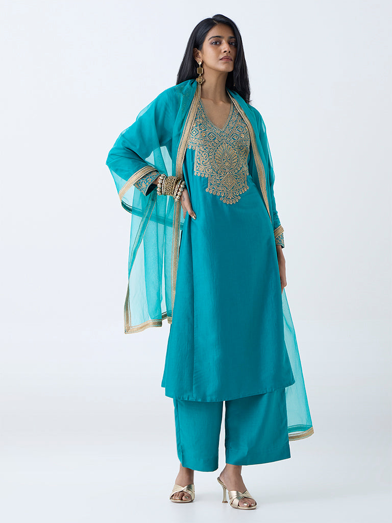 Vark Turquoise Embellished A-Line Ethnic Set