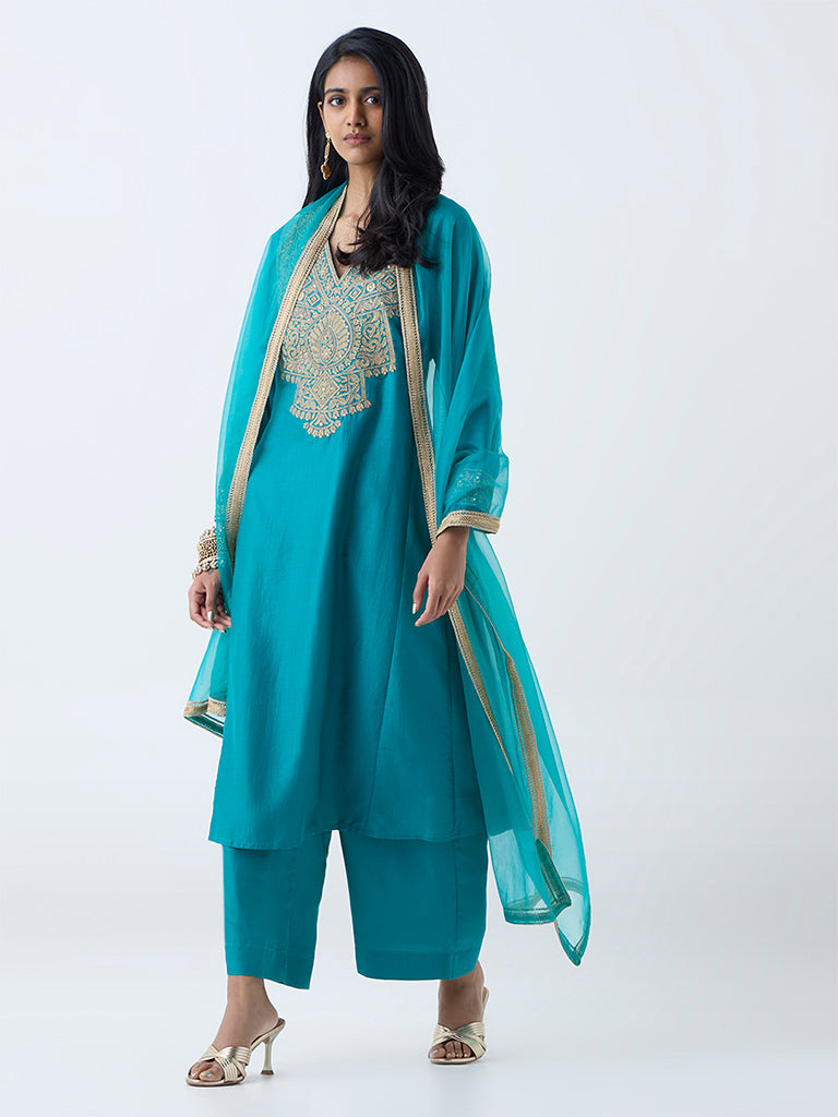 Vark Turquoise Embellished A-Line Ethnic Set
