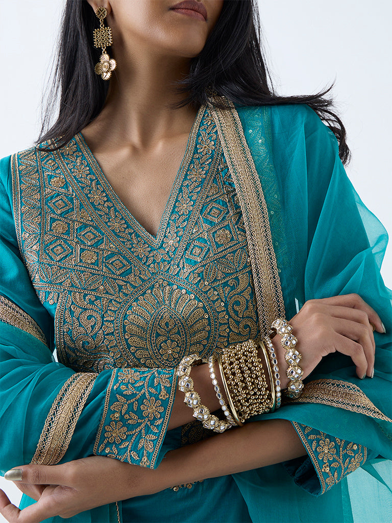 Vark Turquoise Embellished A-Line Ethnic Set