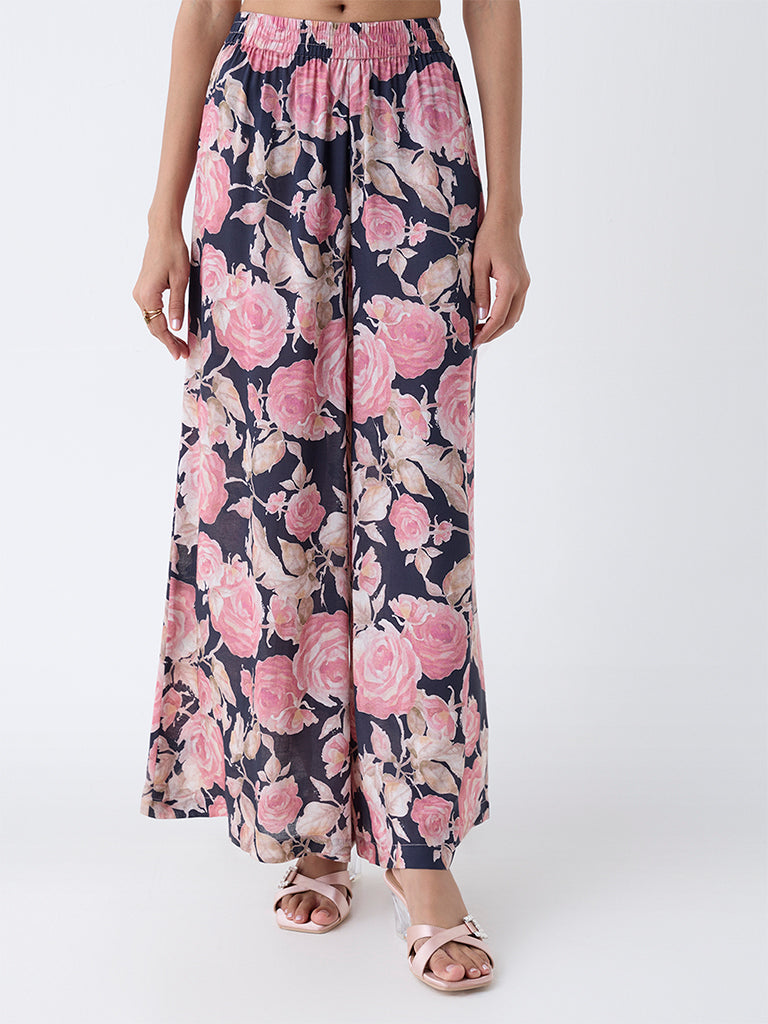 Westside Zuba Women's Black Floral Pattern Palazzos for Work Wear Front view