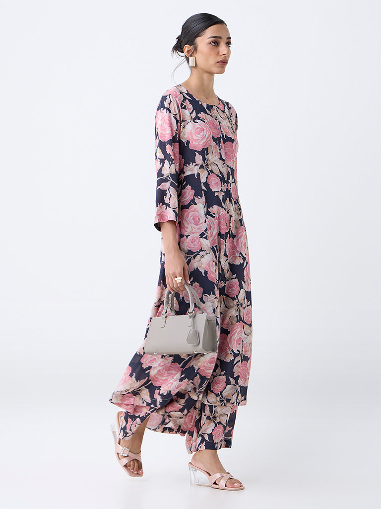 Westside Zuba Women's Black Floral Pattern Palazzos for Work Wear Full View