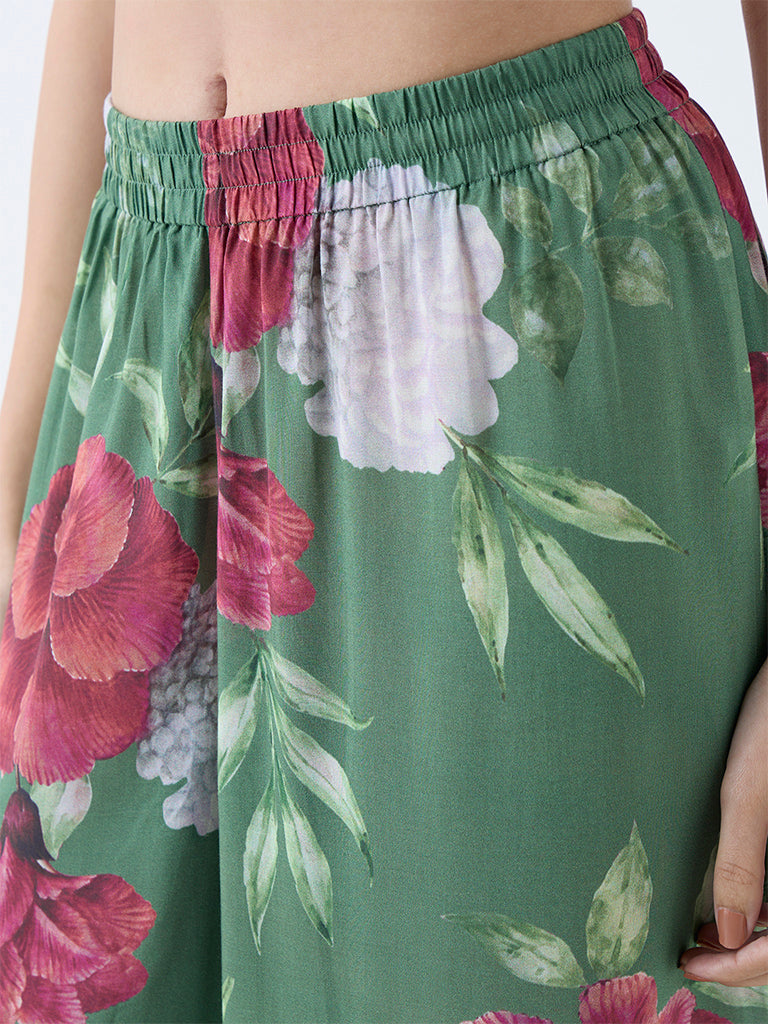 Westside Zuba Women's Dark Green Floral Design Palazzos for Work Wear Zoomed View