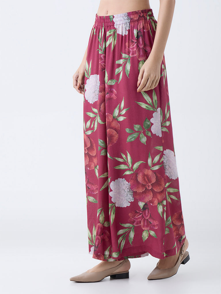 Westside Zuba Women's Red Floral Design Palazzos for Work Wear Front view