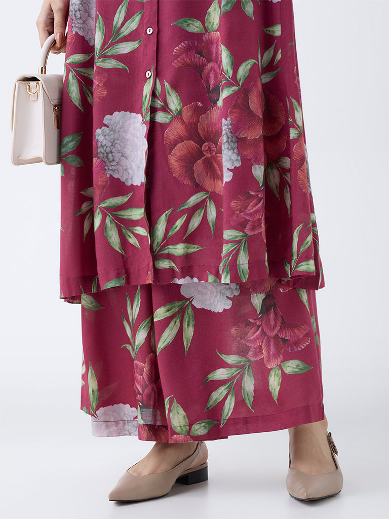 Westside Zuba Women's Red Floral Design Palazzos for Work Wear Zoomed View