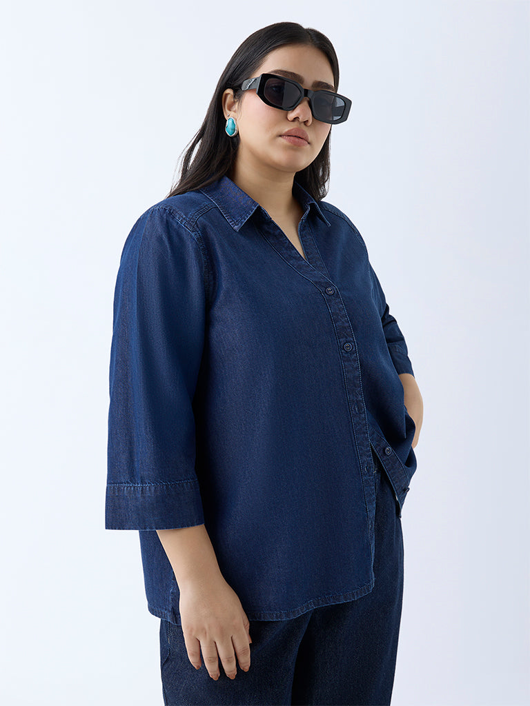 Westside Gia Women's Navy Solid Denim Shirt for Casual Wear Front View