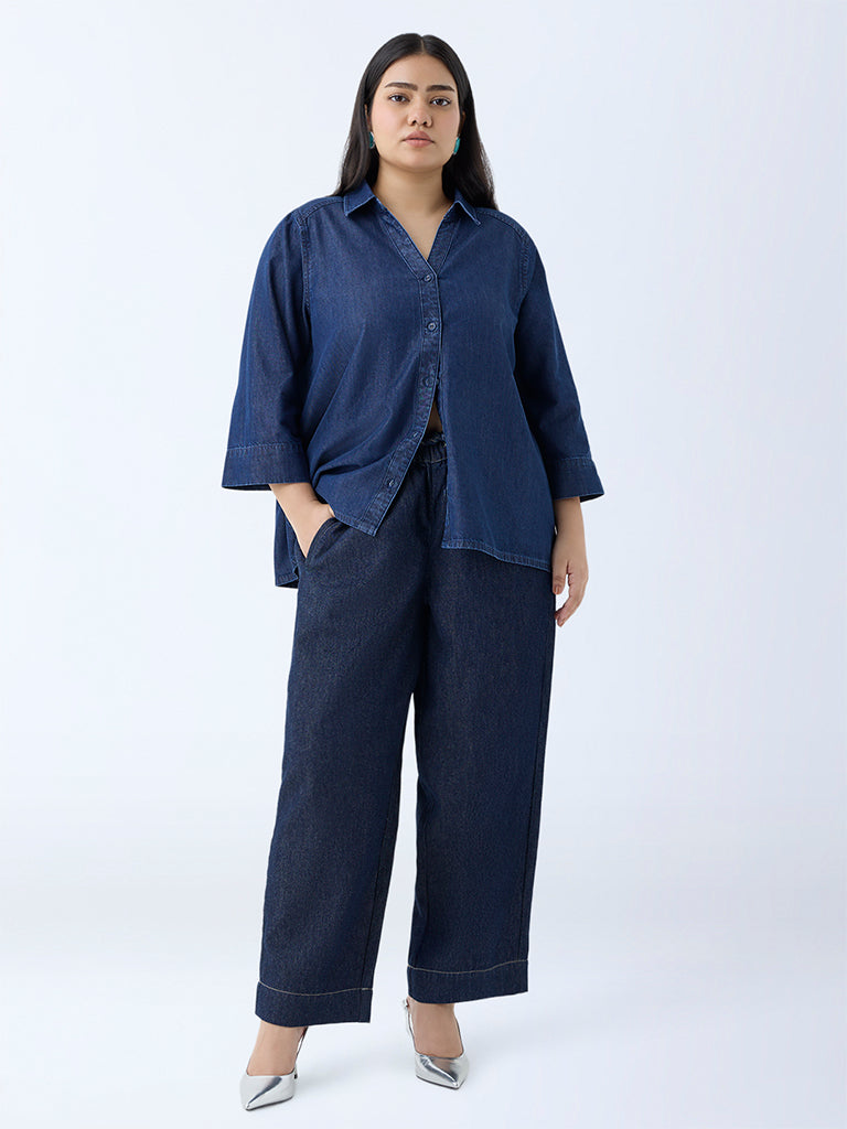Westside Gia Women's Navy Solid Denim Shirt for Casual Wear Full View