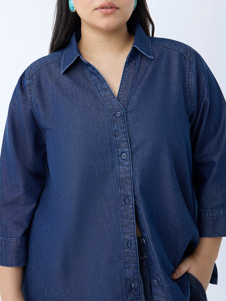 Westside Gia Women's Navy Solid Denim Shirt for Casual Wear Zoomed View