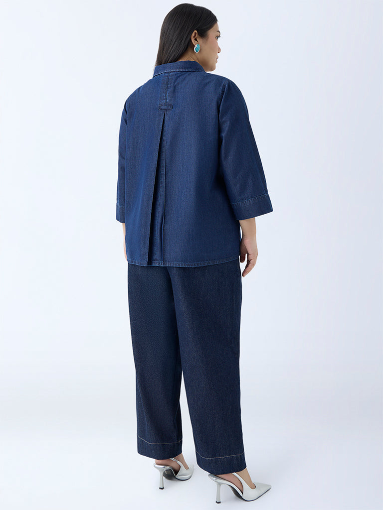 Westside Gia Women's Navy Solid Denim Shirt for Casual Wear Back View