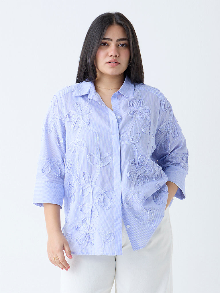 Westside Gia Women's Light Blue Floral Applique Cotton Shirt for Casual Wear Front View