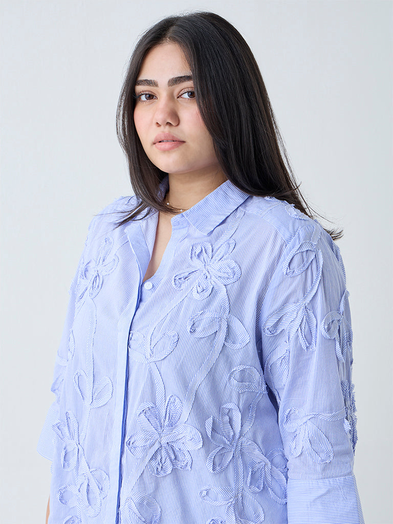 Westside Gia Women's Light Blue Floral Applique Cotton Shirt for Casual Wear Zoomed View