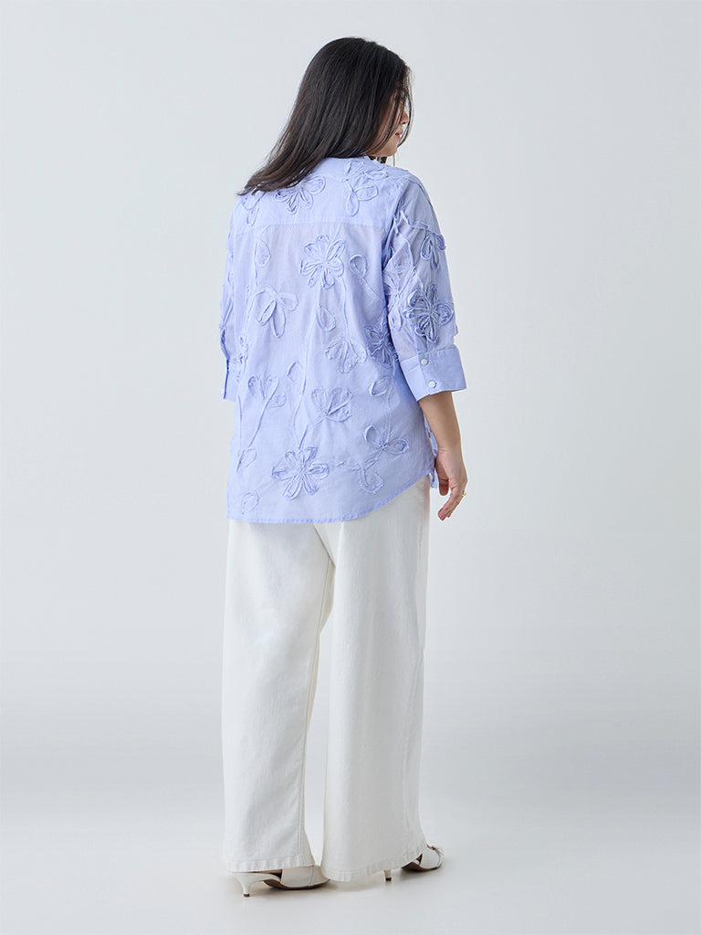 Westside Gia Women's Light Blue Floral Applique Cotton Shirt for Casual Wear Back View