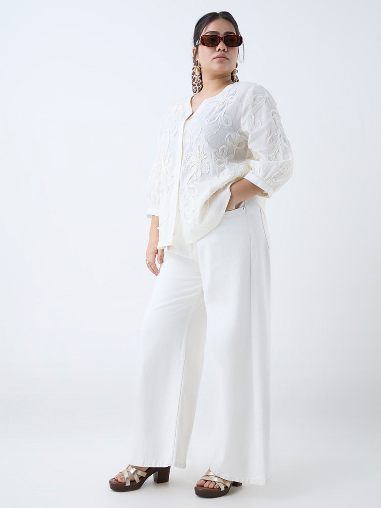 Westside Gia Women's White Floral Applique Design Cotton Blouse for Casual Wear Front View