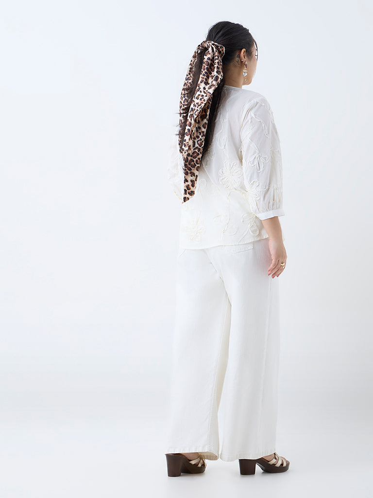 Westside Gia Women's White Floral Applique Design Cotton Blouse for Casual Wear Back View