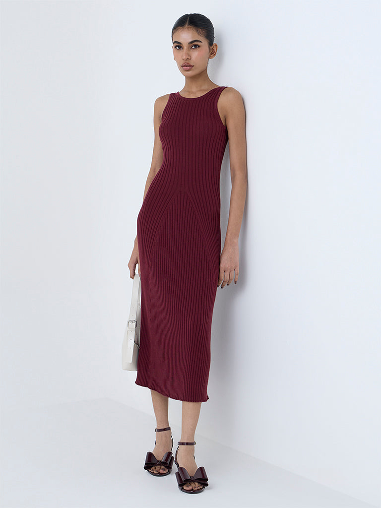 Nuon Burgundy Knitted Bodycon Cotton Dress