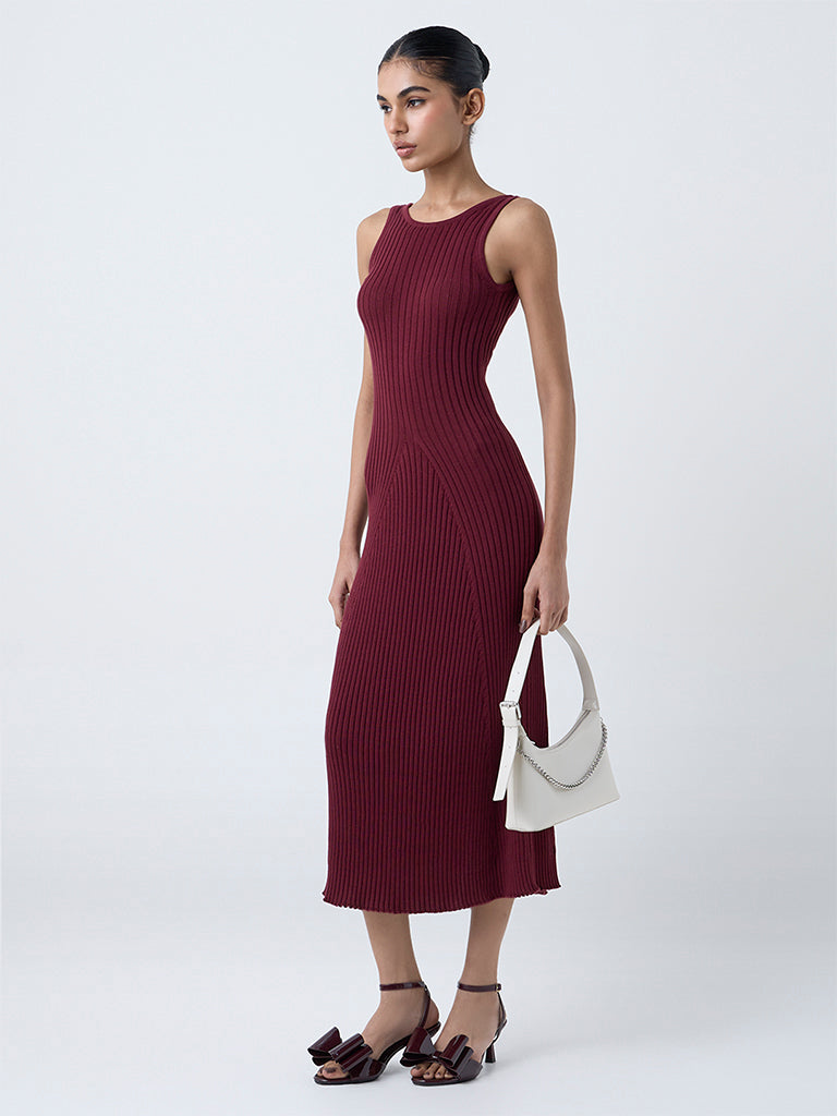 Nuon Burgundy Knitted Bodycon Cotton Dress
