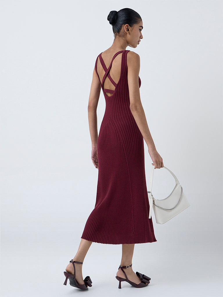 Nuon Burgundy Knitted Bodycon Cotton Dress