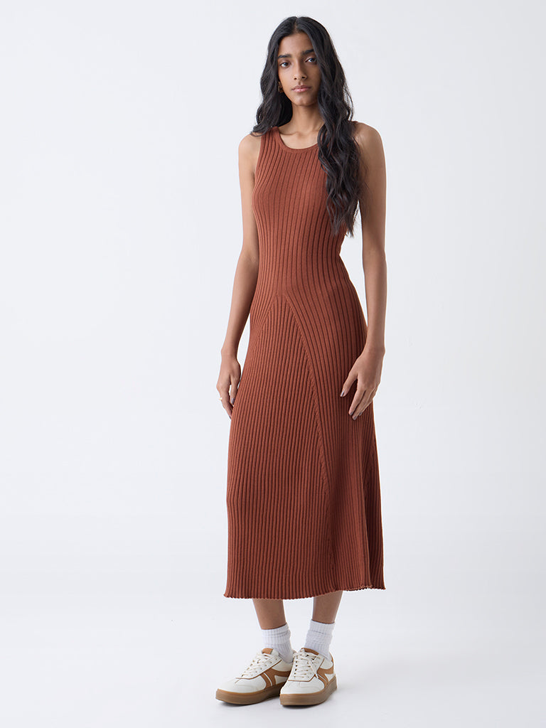 Nuon Brown Self-Striped Cotton A-Line Dress