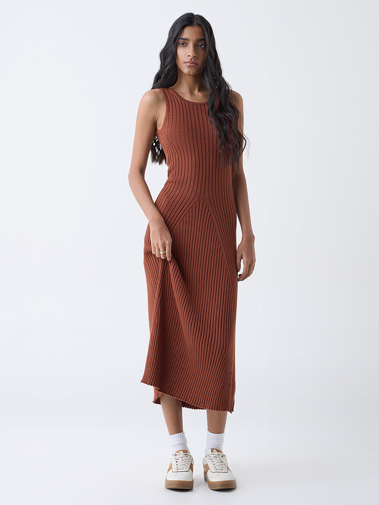 Nuon Brown Self-Striped Cotton A-Line Dress