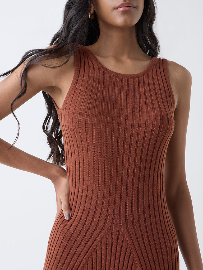 Nuon Brown Self-Striped Cotton A-Line Dress