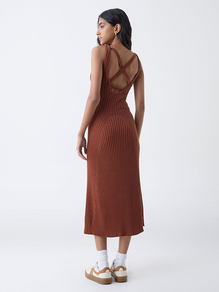 Nuon Brown Self-Striped Cotton A-Line Dress