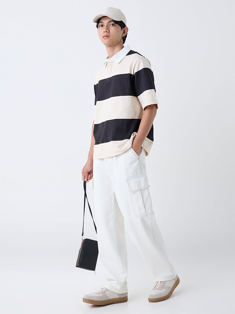 Nuon Off-White Striped Relaxed-Fit Cotton Polo T-Shirt