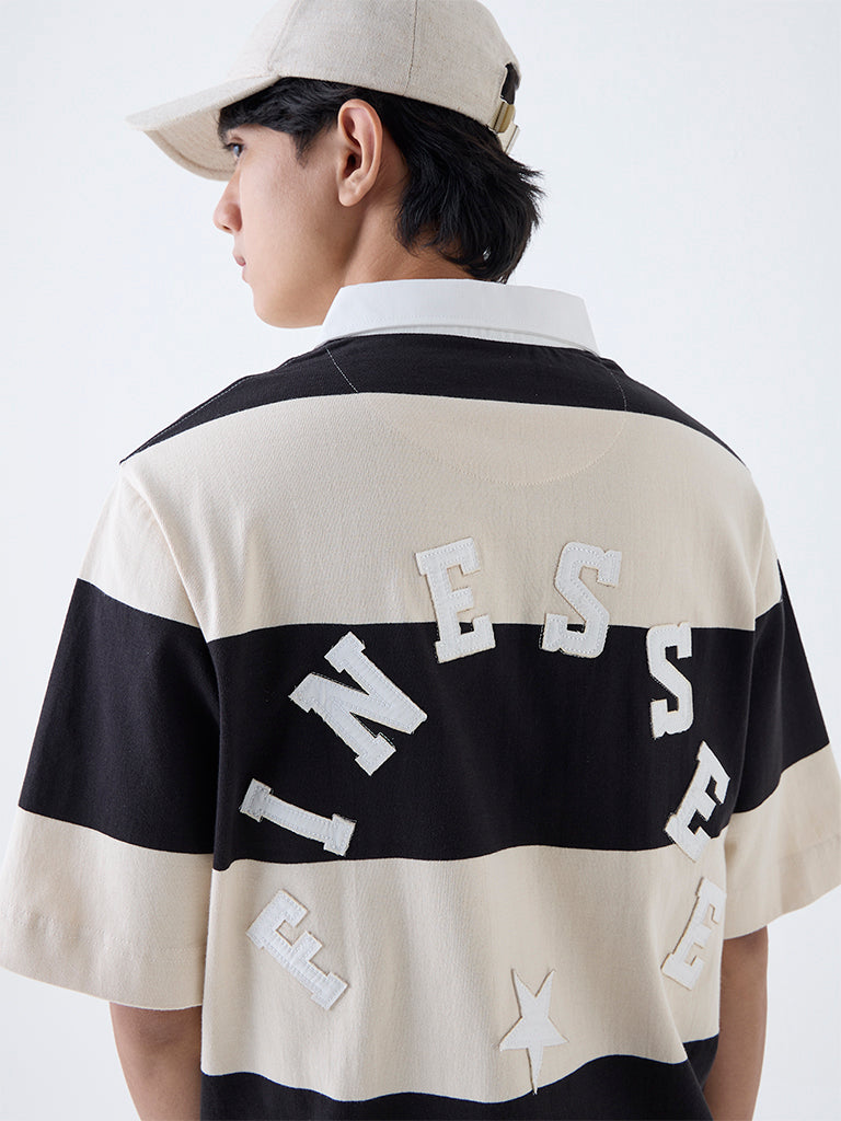 Nuon Off-White Striped Relaxed-Fit Cotton Polo T-Shirt