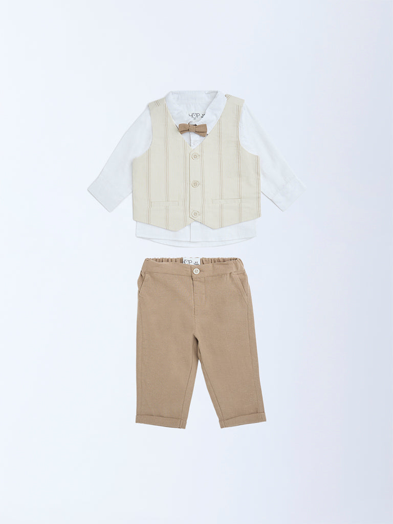 HOP Baby Beige Striped Cotton Waistcoat, Shirt, Trousers and Bow Set