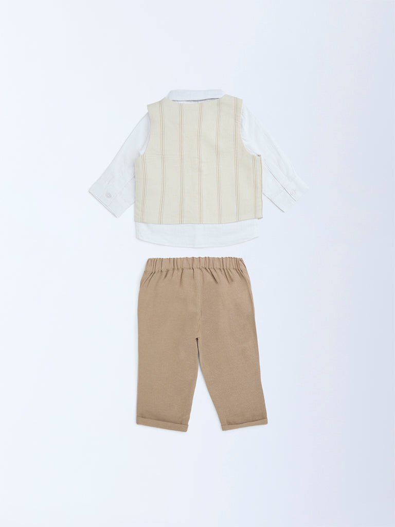 HOP Baby Beige Striped Cotton Waistcoat, Shirt, Trousers and Bow Set