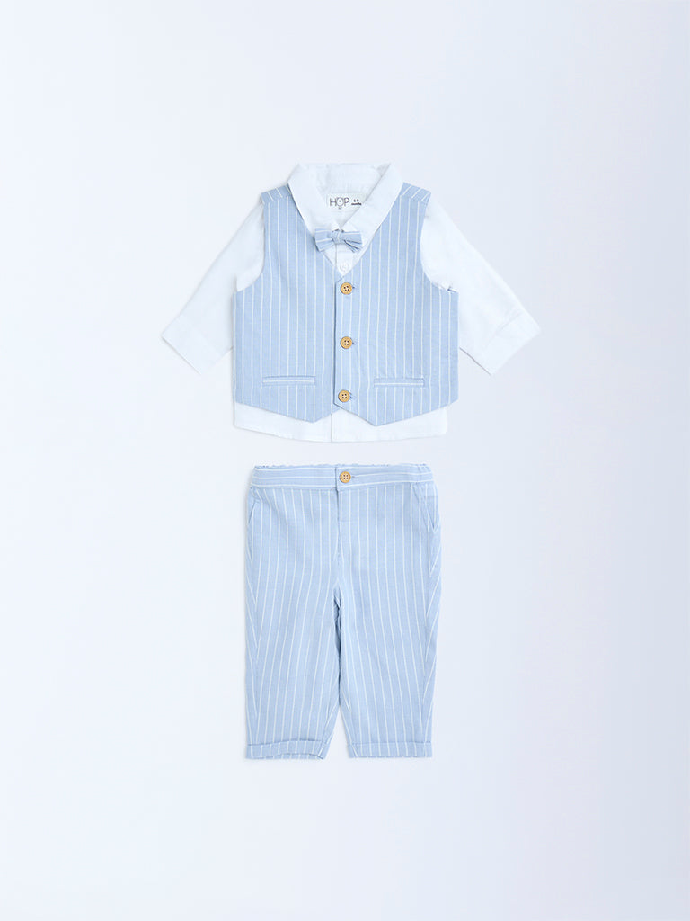 HOP Baby Blue Striped Cotton Waistcoat, Shirt, Pants and Bow Set