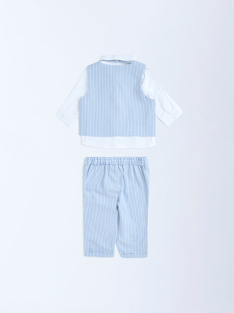 HOP Baby Blue Striped Cotton Waistcoat, Shirt, Pants and Bow Set