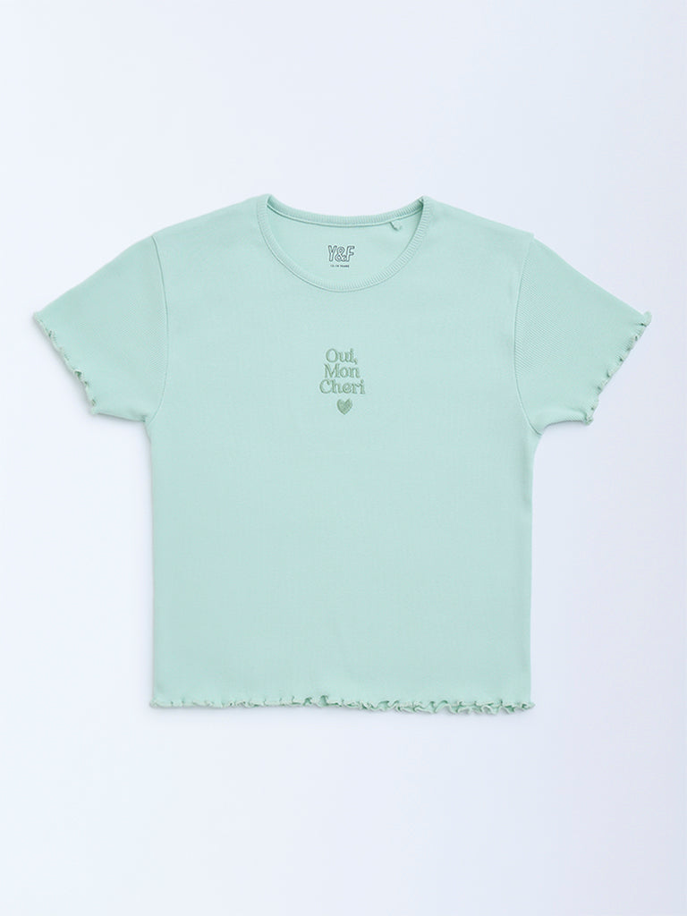 Westside Y&F Girl's Mint Text Design Ribbed Cotton-Blend T-Shirt for Casual Wear Front View