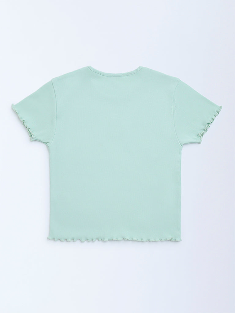 Westside Y&F Girl's Mint Text Design Ribbed Cotton-Blend T-Shirt for Casual Wear Back View