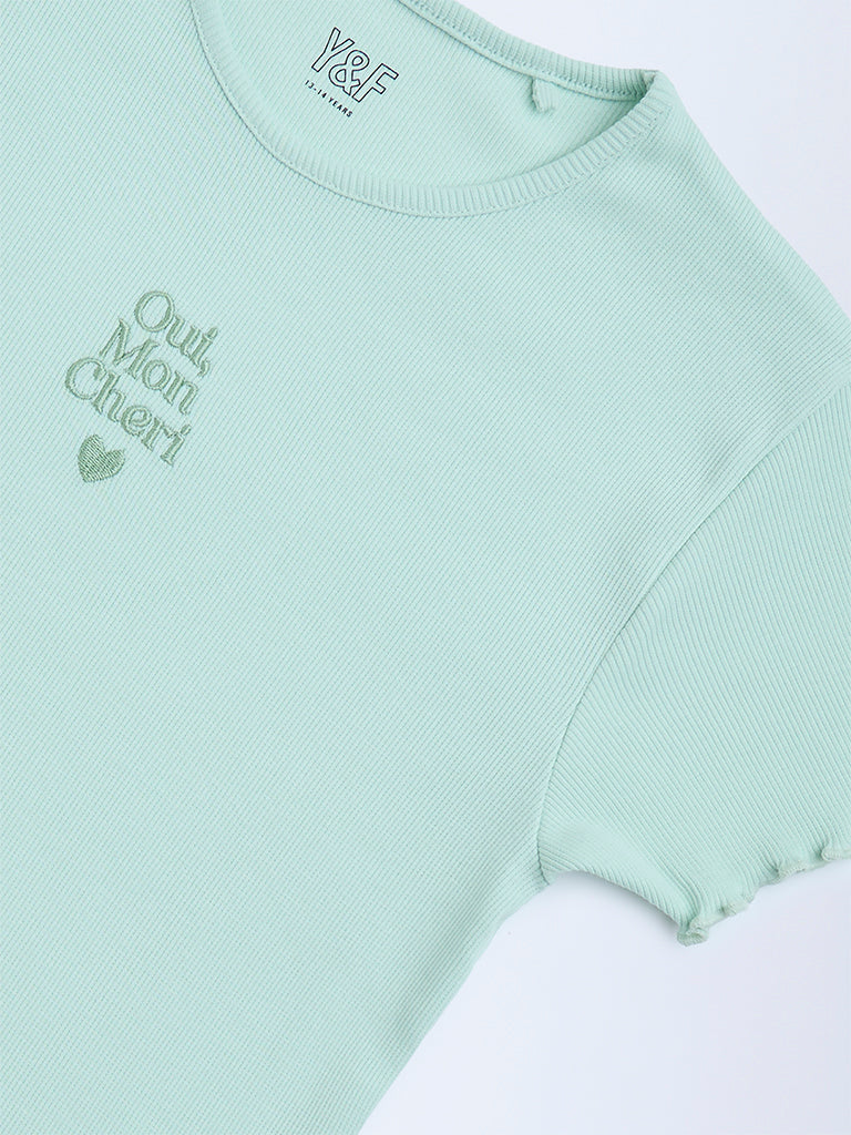 Westside Y&F Girl's Mint Text Design Ribbed Cotton-Blend T-Shirt for Casual Wear Zoomed View