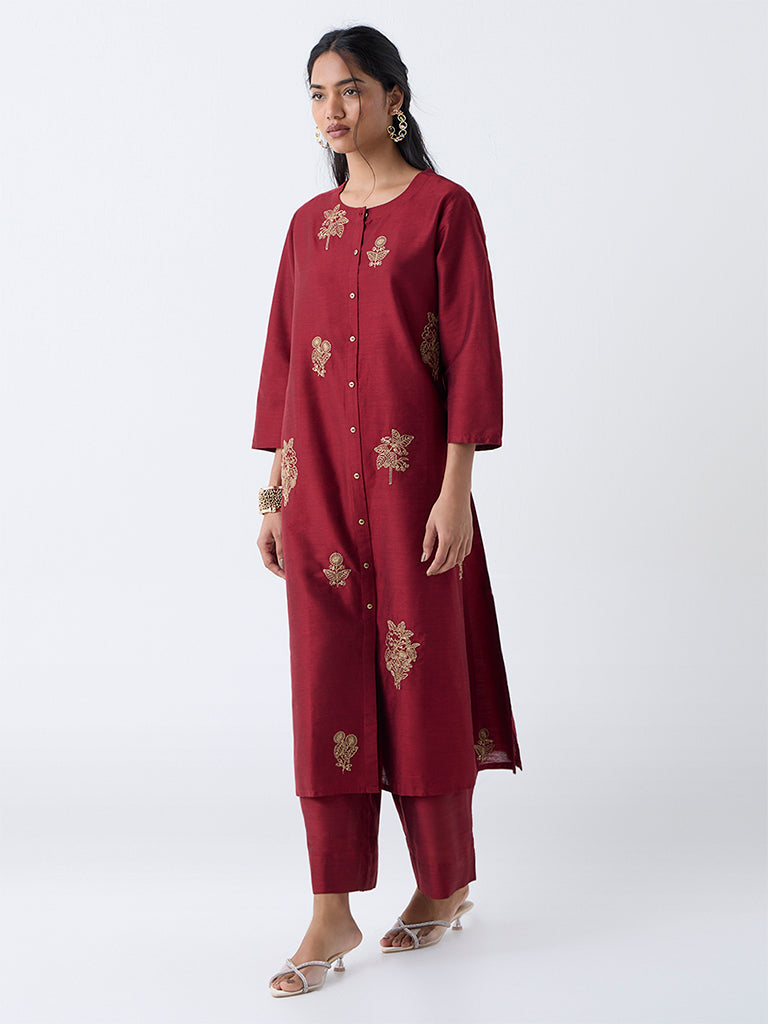 Utsa Red Zari Embroidered A-Line Kurta