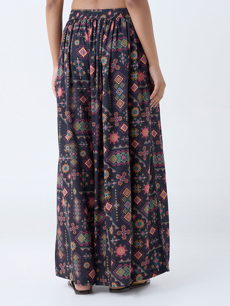 Westside Utsa Women's Black Tribal-Inspired Palazzos for Work Wear Back View