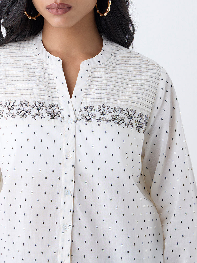 Utsa White Floral Embroidered Cotton-Blend Top