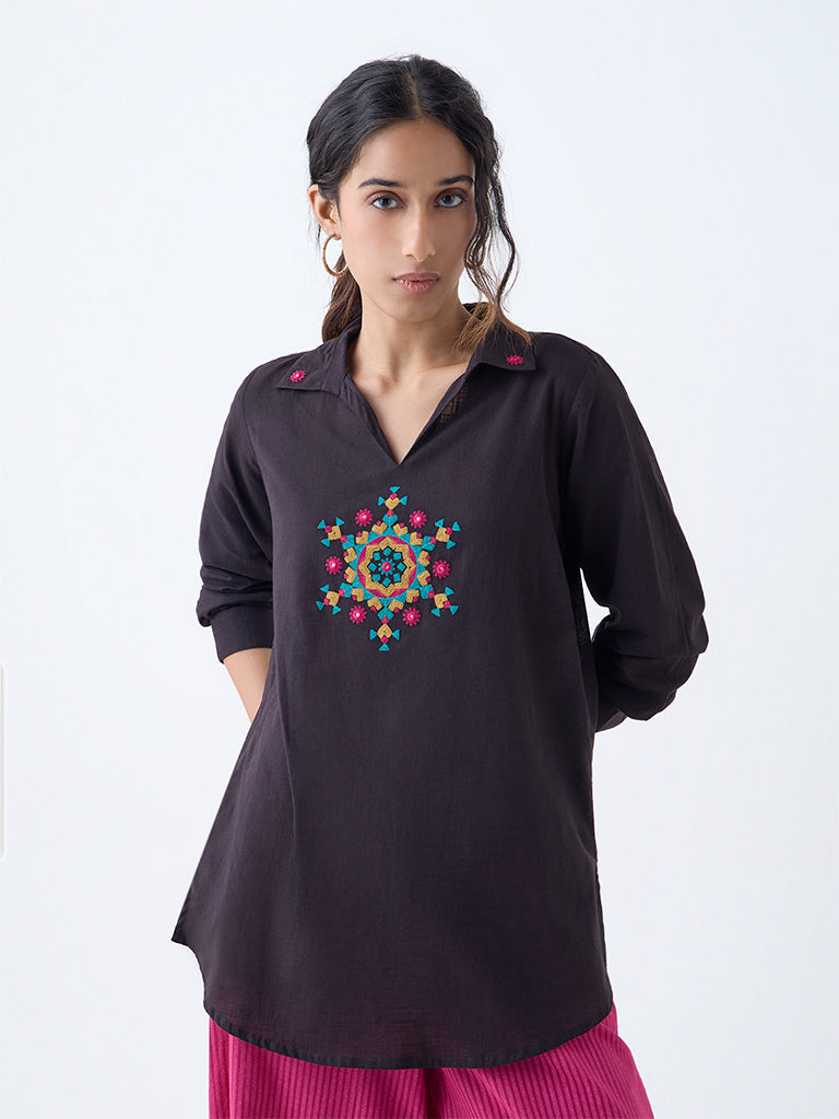 Westside Utsa Women's Black Embroidered Cotton Tunic for Work Wear Front view