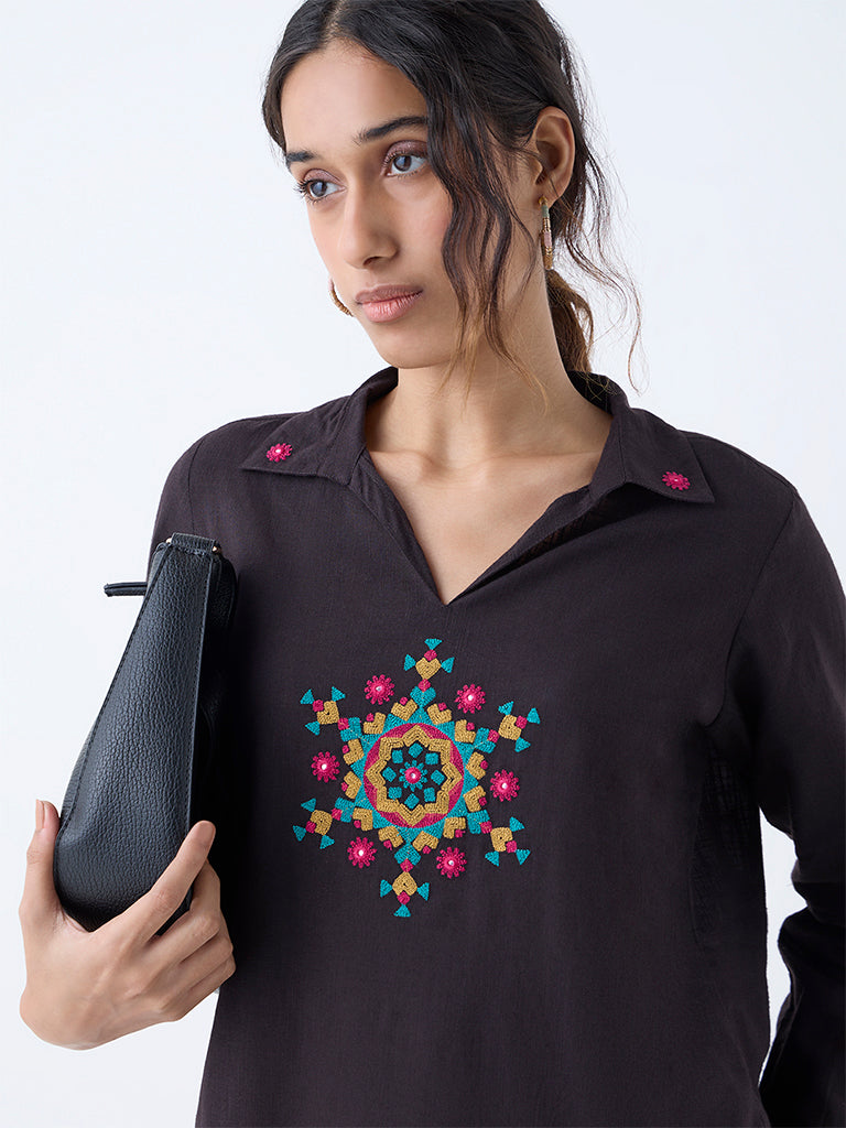 Westside Utsa Women's Black Embroidered Cotton Tunic for Work Wear Zoomed View