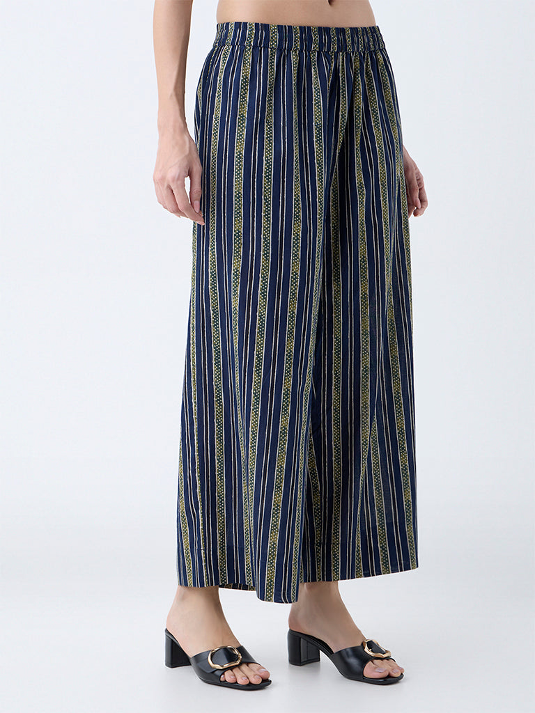 Westside Utsa Women's Navy Stripes Cotton Palazzos for Everyday Front view