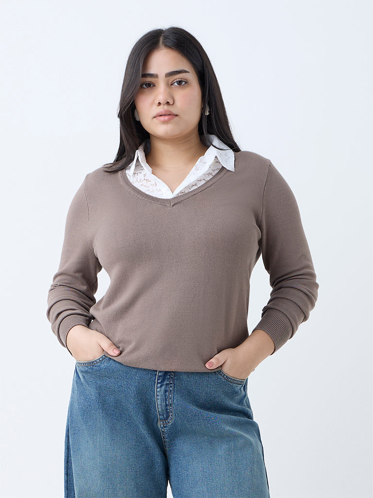 Gia Brown Lace-Detailed Sweater