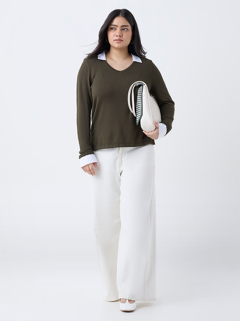 Gia Olive Collar-Detailed Top