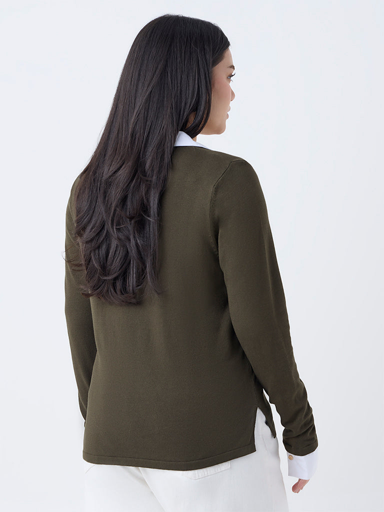 Gia Olive Collar-Detailed Top