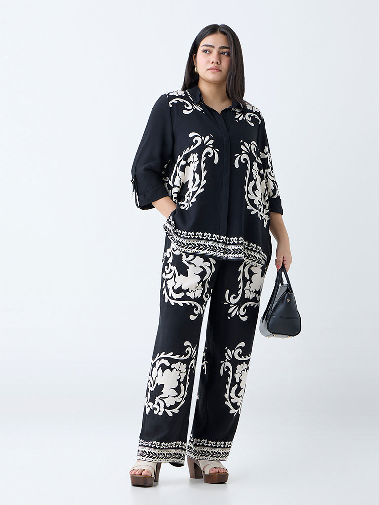 Westside Gia Women's Black Baroque-Inspired High-Rise Trousers for Casual Wear Full View