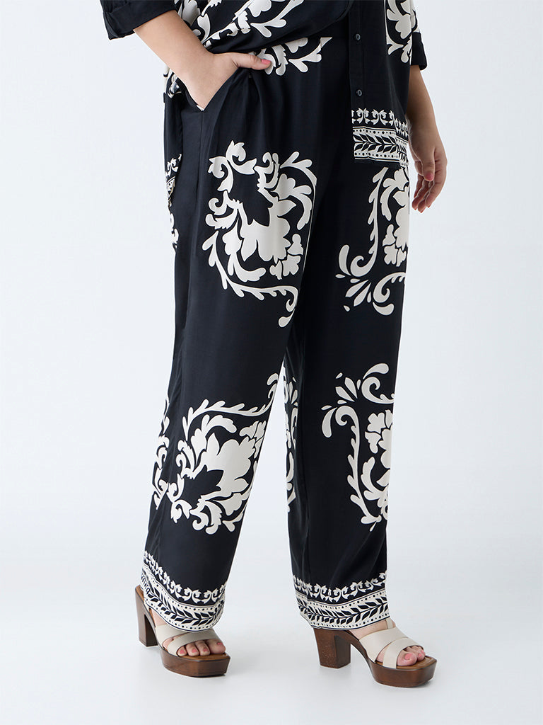 Westside Gia Women's Black Baroque-Inspired High-Rise Trousers for Casual Wear Front View