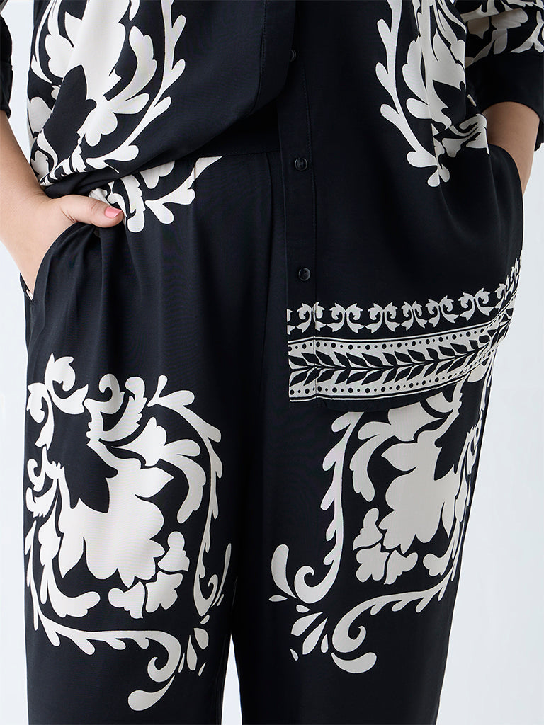 Westside Gia Women's Black Baroque-Inspired High-Rise Trousers for Casual Wear Zoomed View