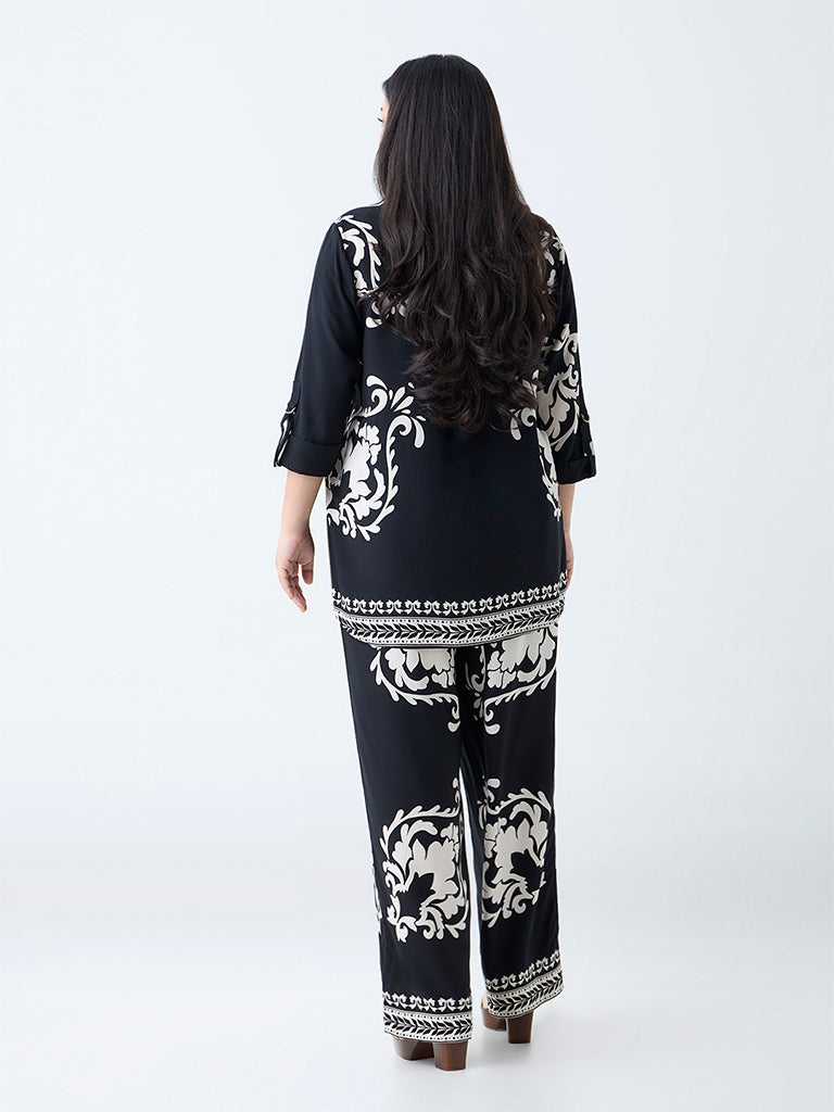 Westside Gia Women's Black Baroque-Inspired High-Rise Trousers for Casual Wear Back View