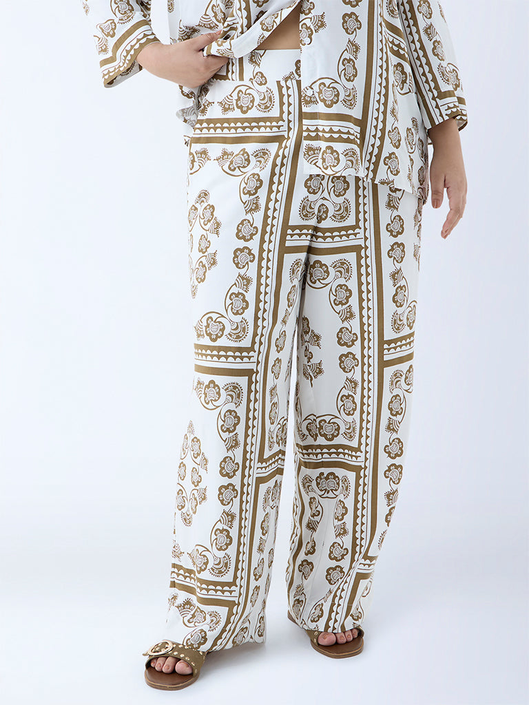 Westside Gia Women's Olive Floral Printed High-Rise Trousers for Casual Wear Front View